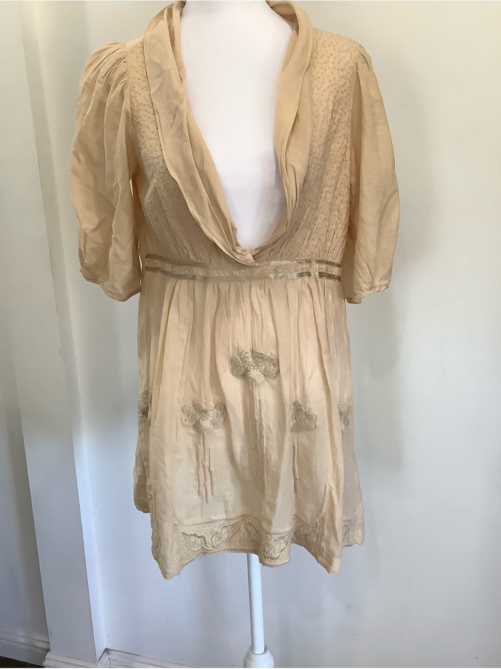 Burning Torch Silk and Lace Cream Draped V-Neck Embroidered Tunic
